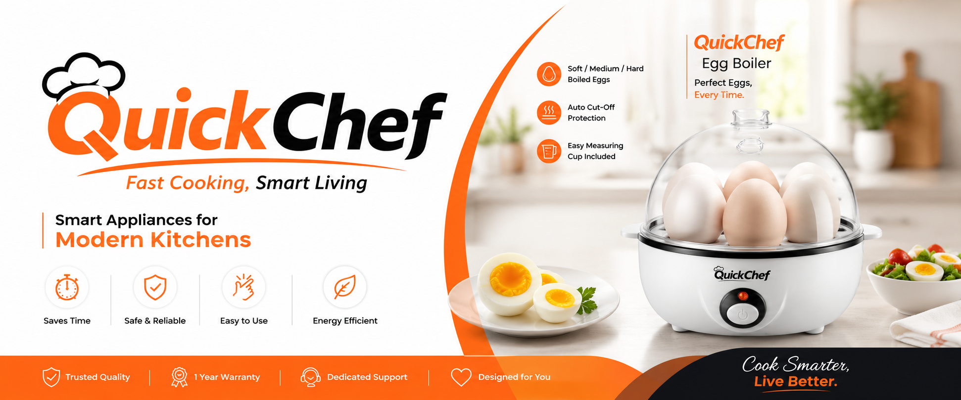 QuickChef Egg Boiler hero banner with product benefits